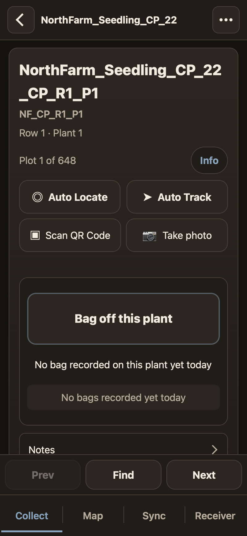 The same plant card in harvest mode, recording a bag off this plant