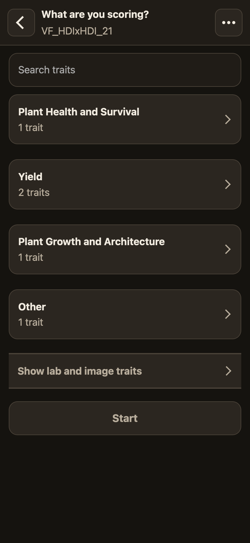 The trait picker grouped by the program's ontology, with search