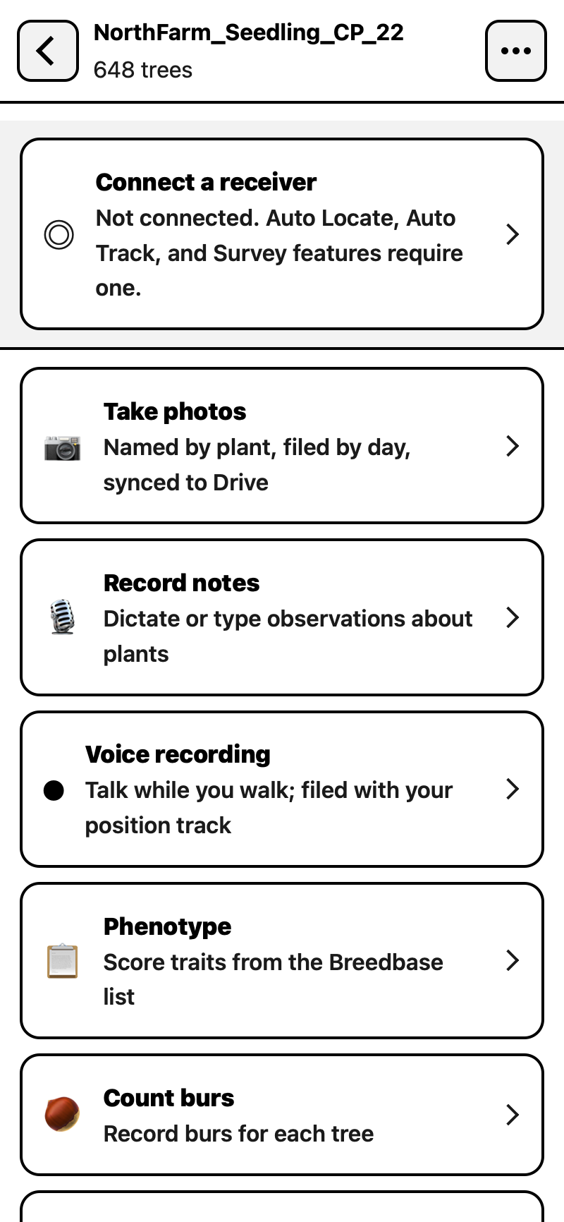 The activity list for a trial: photos, notes, phenotype, bur counts, survey, screening, and harvest