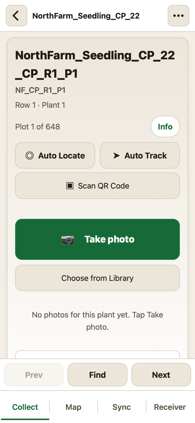 A plant card in photo mode with navigation, Auto Locate, and Take photo