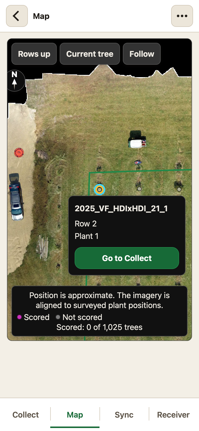 The same map zoomed to individual bushes, one of them selected with its card a tap away