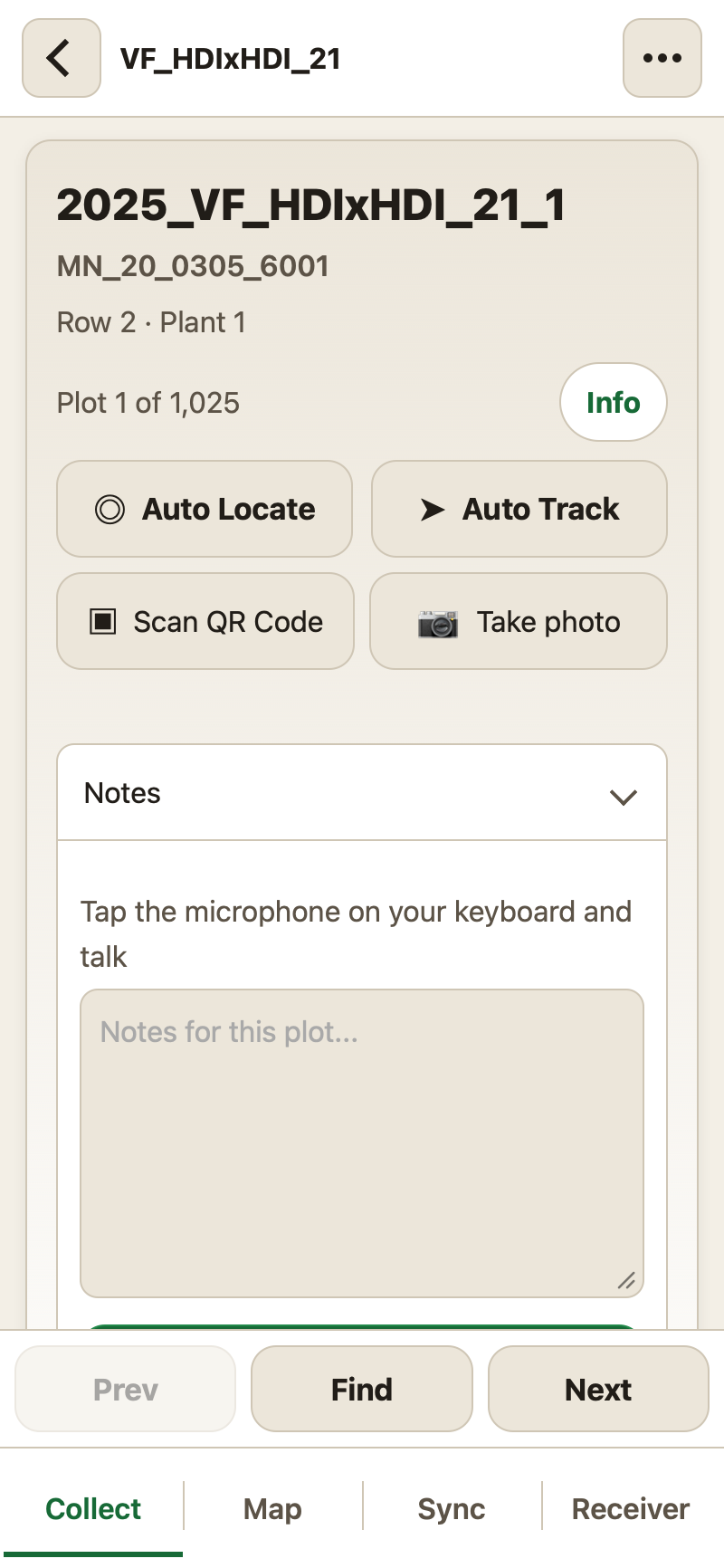 A plant card with the notes box open, ready for a dictated observation