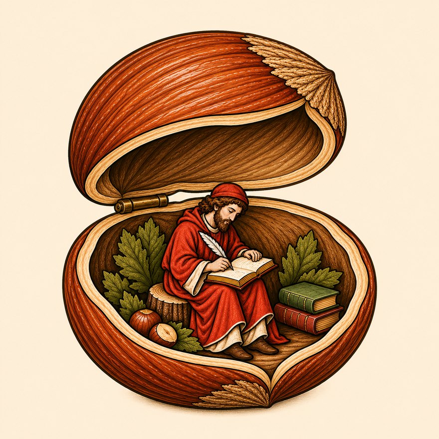 A scribe writing with a quill inside an open hazelnut shell